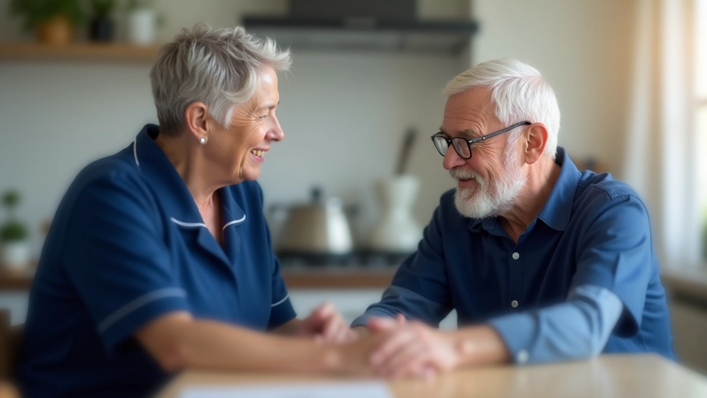 Care worker conducting assessment conversation with senior citizen at kitchen table