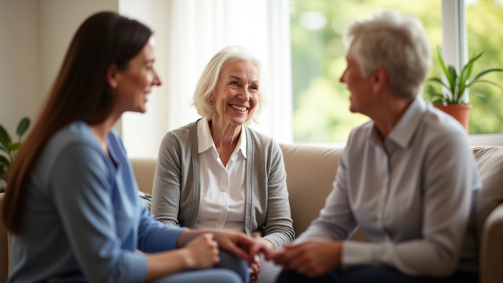 Healthcare professional consulting with elderly patient and adult child