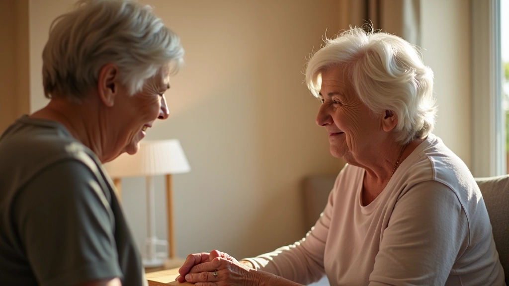 Adult caregiver providing compassionate support to elderly parent in home environment