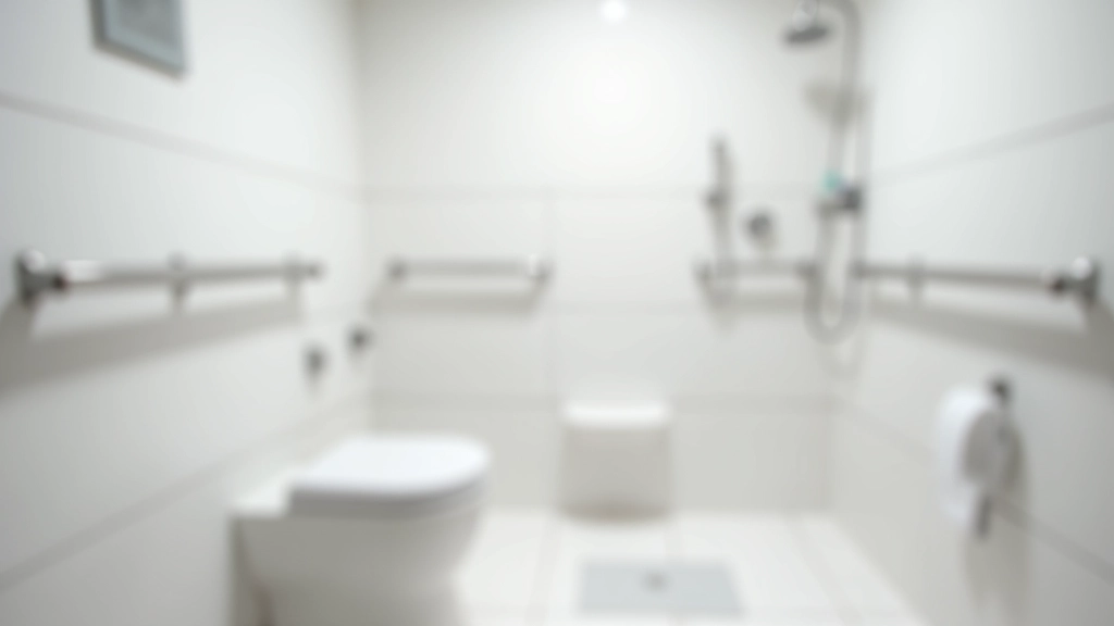 Accessible bathroom with grab bars, non-slip flooring, and raised toilet seat