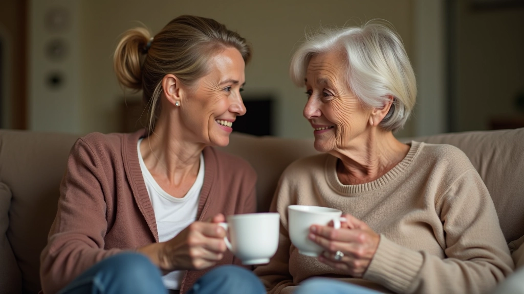 Two people sitting together in a bright living room, having a conversation over tea
